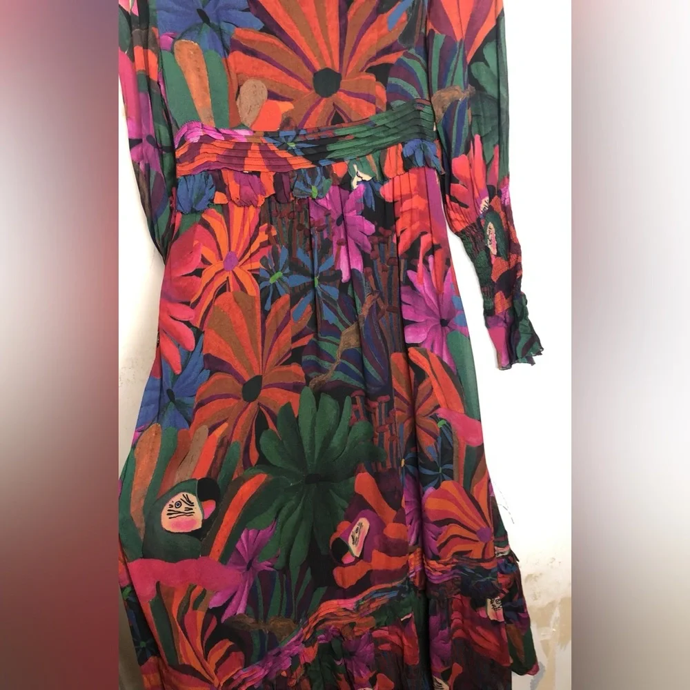Farm, Rio Bird flowers long sleeve V-neck maxi dress, size small - Picture 10 of 15